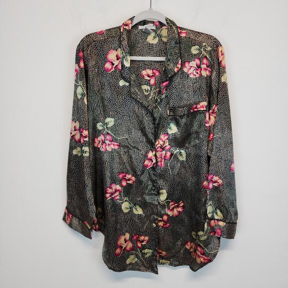 Vintage Ivy & Annabelle Floral Satin Pajama Set Size L Elastic Waist Pants - Picture 2 of 14